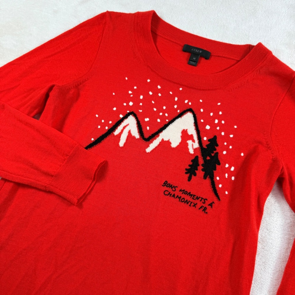 J.Crew Womens XS Red Merino Wool Chamonix France Mountain Graphic Sweater‎